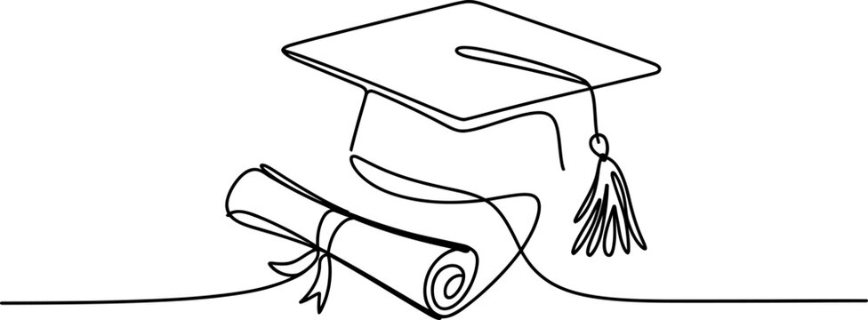 Continuous single line drawing of a graduation cap and a diploma scroll for education academic achievement and university success concept Vector, illustration