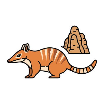 Illustration of a cute numbat with a striped pattern and a small rock formation.
