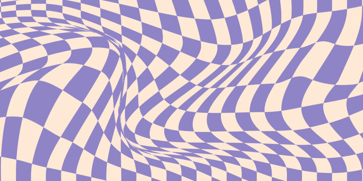 Seamless purple checkerboard pattern. Repeating distorted checkered texture. Groovy trippy abstract background. Vintage retro style wallpaper for textile, fabric, wrapping paper. Vector check surface.