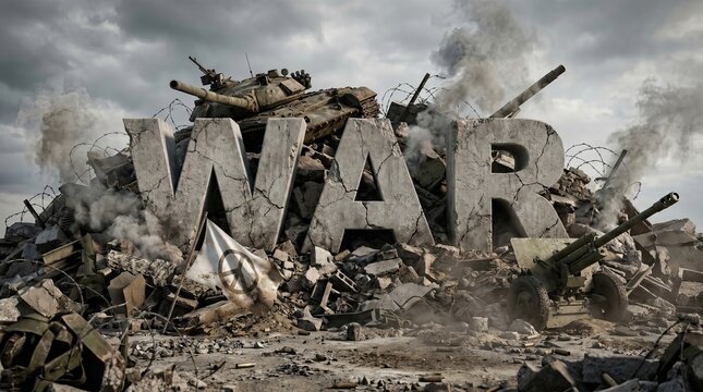 The Destructive Impact of War: A powerful and stark depiction of war's devastation, featuring the word WAR amidst ruins, tanks, and artillery, under a stormy, oppressive sky.