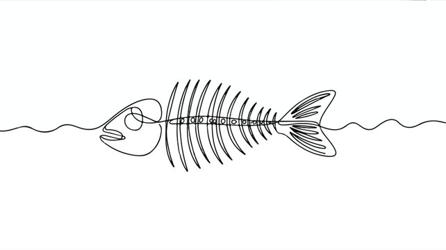 A minimalist line drawing of a steaming fish skeleton floating on water