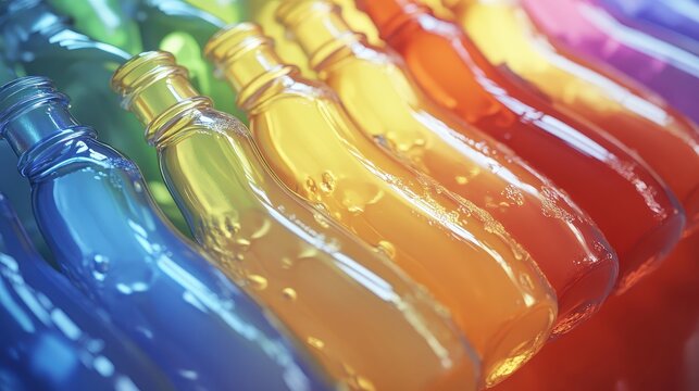 Vibrant assortment of colorful glass bottles filled with refreshing beverages in studio lighting