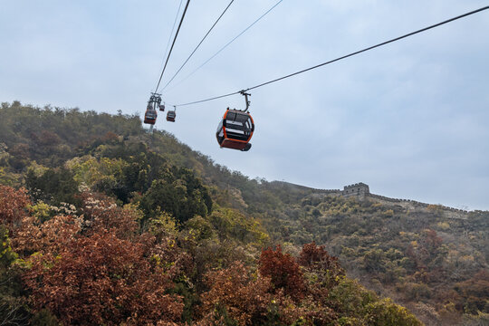 Cable cars transporting tourists onto the Mutianyu section of the Great Wall of China