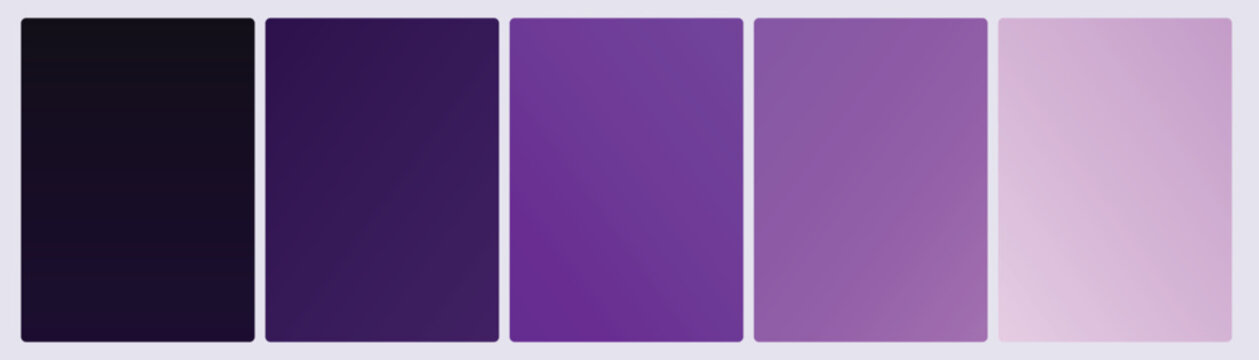 Set of five cosmic purple gradient cards in deep midnight plum violet orchid and soft lavender space tones