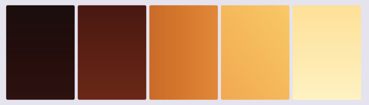 Set of five sunset bronze gradient cards in dark umber sienna copper orange golden and pale cream warm metal tones