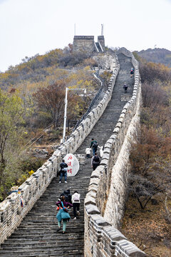 Unrecognizable tourists walking towards Tower 20 known as Hero's Slope in Mutianyu section of Great Wall