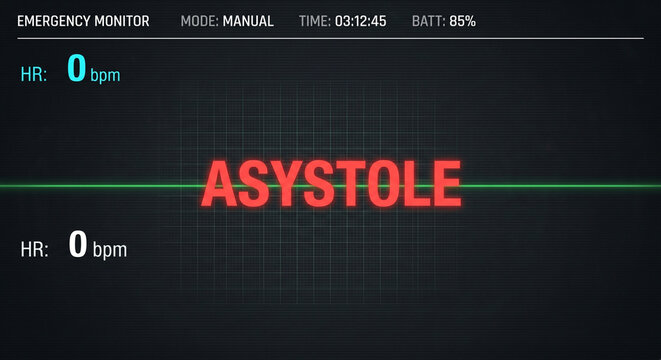 心停止状態（アシストール）を示す医療モニターのフラットライン
