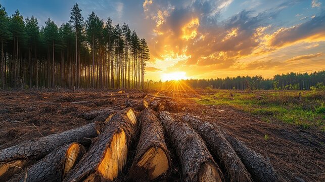 Vast logged area with felled pine trees in a deforested zone at sunrise