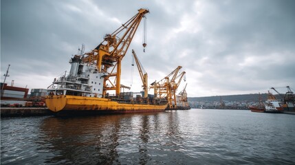 Fototapeta premium Yellow Cranes and Cargo Vessels Docked in Industrial Port Under Cloudy Sky, Captured in Vibrant Maritime Scene with Reflections in Water