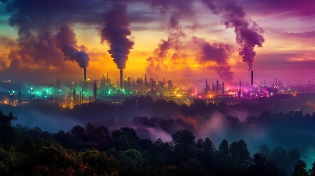 Vibrant industrial cityscape at sunset with smokestacks emitting colorful plumes of smoke and glowing lights illuminating the factory complex.