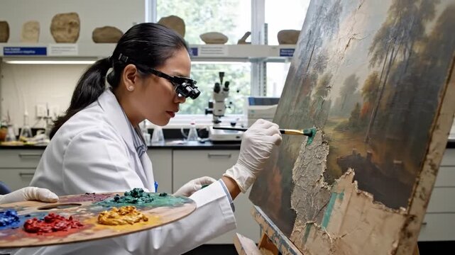 Asian conservator restoring damaged oil painting in laboratory setting, wearing lab coat, magnifying loupe and gloves, using fine brush and palette to inpaint flaked area, microscope and samples