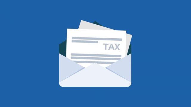 Animation of a white envelope moving into frame, opening to reveal tax documents, and then closing again on a blue background.