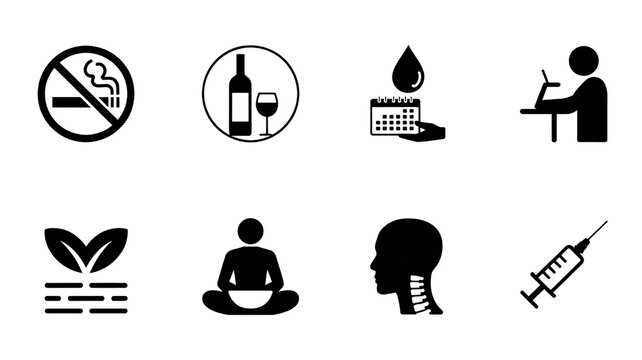 Eight black and white icons depict various symbols and objects in a set