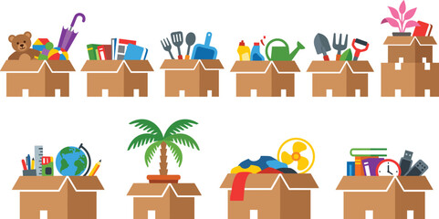 Obraz premium Cardboard Moving Boxes Collection Filled with Household Items and Belongings Flat Illustration White Background