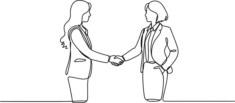 Two business women shaking hands in a professional agreement in a simple continuous one line drawing style illustration for corporate success Vector, illustration