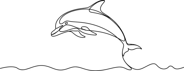 Continuous single line drawing of a dolphin jumping out of the ocean water waves as a simple minimalist artistic vector illustration design Vector, illustration © RK Drawing Gallery