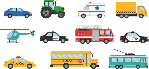 Colorful Transportation Vehicle Collection Fire Truck Ambulance Police Car School Bus Flat Vector © MdAsikul
