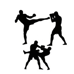 Fototapeta premium Collection of MMA fighter silhouettes featuring punches, kicks, grappling, and combat stances in full black vector style. Perfect for sports branding, martial arts gyms, fitness promotions, fight even