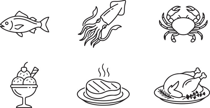 Collection of six food icons including fish squid crab ice cream steak and chicken in a clean vector style