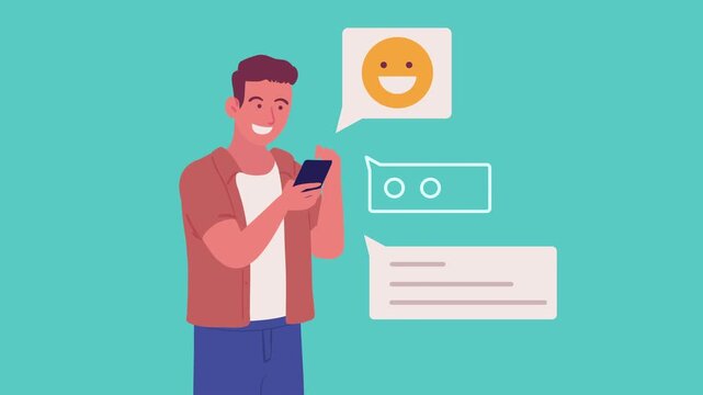 Young man happily texting on smartphone with chat bubbles and emoji appearing dynamically.