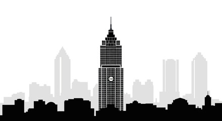 Obraz premium Monochromatic Cityscape Silhouette: Tall Skyscraper Among Buildings