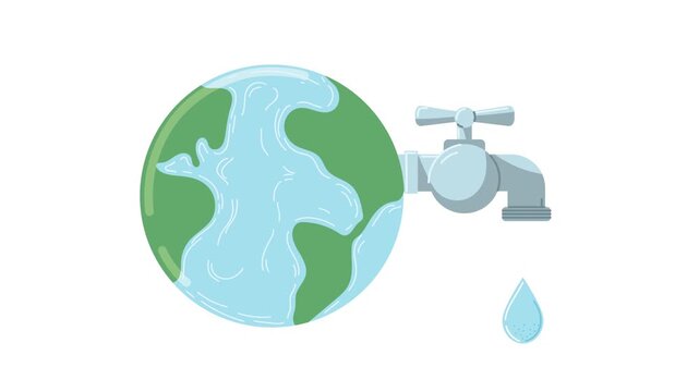 Earth globe with dripping water faucet symbolizing water scarcity and resource depletion.
