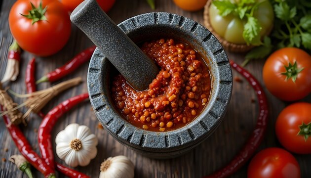 Traditional indonesian sambal chili paste prepared in a stone mortar with fresh red chilies.