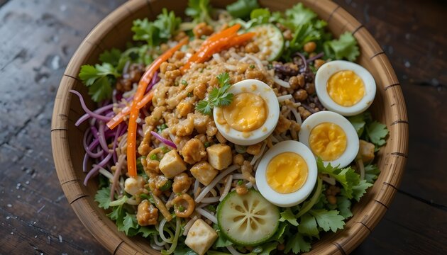 Traditional indonesian gado gado salad with vegetables, eggs, tofu, and peanut sauce served in a rustic bowl, showcasing authentic asian culinary flavors.
