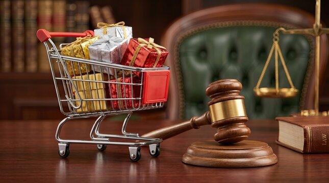 Law and consumerism: A shopping cart filled with gift-wrapped presents sits beside a gavel and scales of justice, symbolizing the intersection of commerce and legal proceedings.