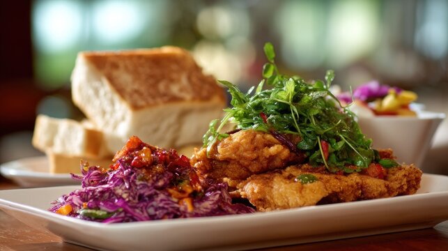 Delicious fried chicken served with colorful slaw, fresh herbs, and white bread on a plate, perfect for restaurant menus or culinary blogs