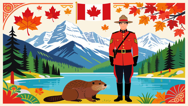Vibrant illustration of a Canadian landscape featuring a Mountie, beaver, lake, mountains, and maple leaves.
