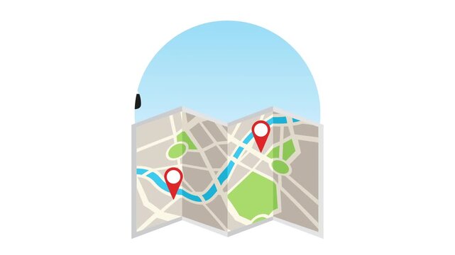 Animated graphic of cars appearing on a map with navigation pins, highlighting travel options.