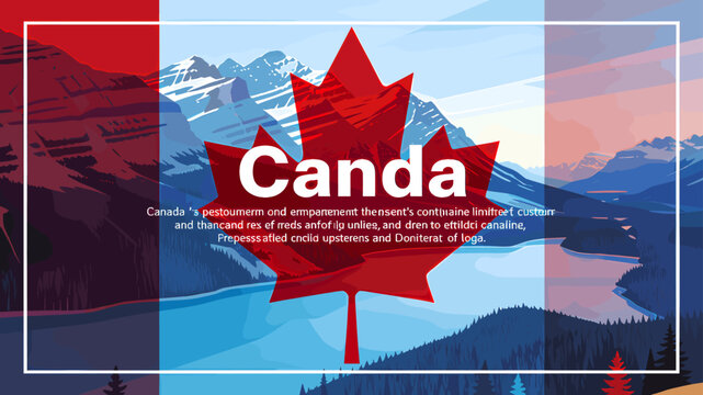 Stylized Canadian flag illustration with a large red maple leaf, blue mountains, and a lake in the background, featuring the word Canda.