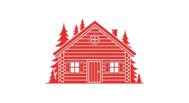 Red Log Cabin Icon with Pine Trees, Rustic Forest Dwelling Vector Art