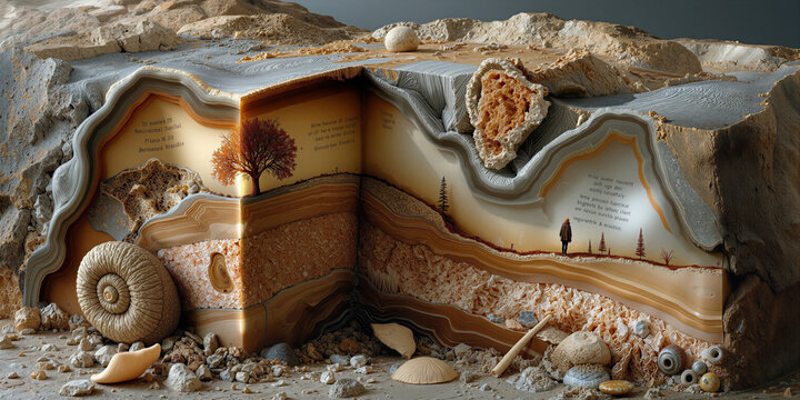 Subterranean landscape exploration. Geological crosssection with fossils and crystals