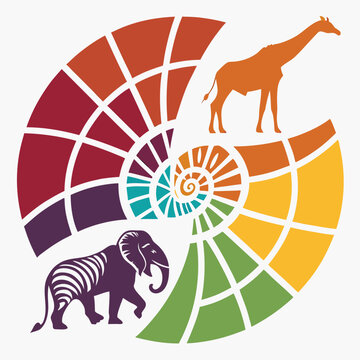 Abstract nautilus shell with giraffe and elephant.