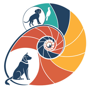 Spiral graphic featuring canine and bird silhouettes.