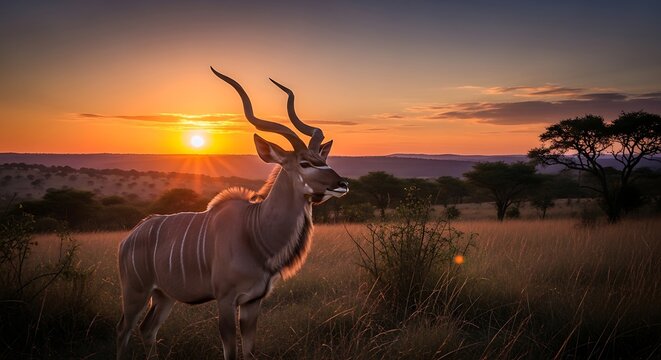 Majestic kudu stands at sunset in natural landscape with golden light