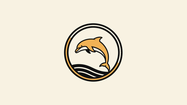 Stylized orange dolphin leaping from black waves within a circle