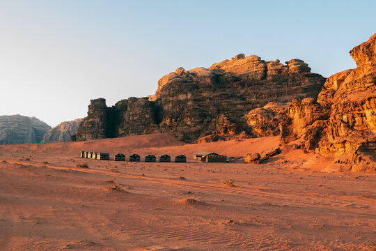 Modern expedition camp in a remote desert wilderness
