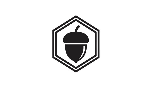 A simple, black and white graphic of an acorn inside a hexagonal shield
