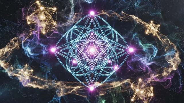 Sacred Geometry Star Lattice with Cosmic Nebula Background - Abstract and Mystical