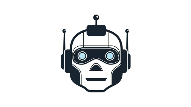 Stylized robot head with antennas and light blue eyes on white background