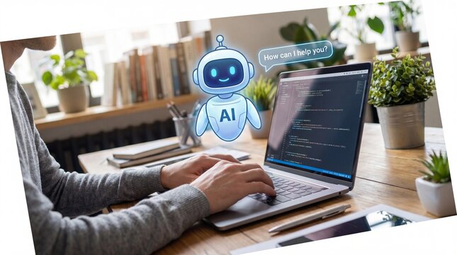 Man working on laptop with AI robot graphic hovering above screen in office setting