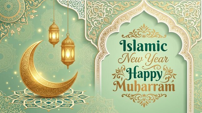 Islamic new year greeting with kaaba and lanterns
