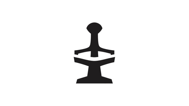 Stylized black symbol resembling a sword or weapon on an anvil