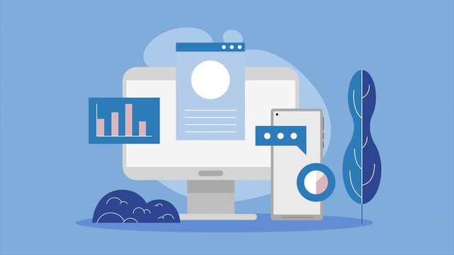 Modern flat design animation of marketing strategy development and online business growth with responsive web design and data analysis.