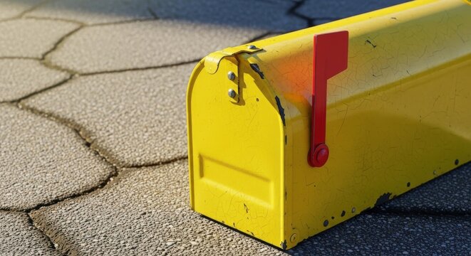 A bright yellow enameled mailbox with a red flag stands on a cracked asphalt street.