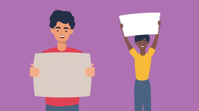 Flat vector animation of young diverse men holding blank protest signs and shouting during demonstration on purple background.