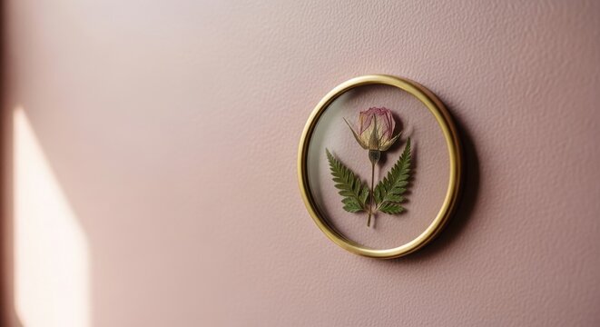 Single delicate pressed pink rose and green fern leaves mounted within a round gold frame for wall decoration
